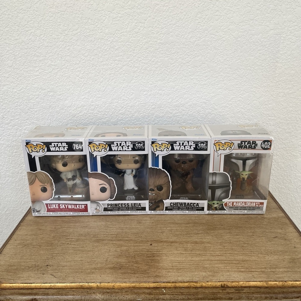 Funko Pop Star Wars Lot 4 Luke 764 Leia 595 Chewbacca 596 Mando 402 New Read!